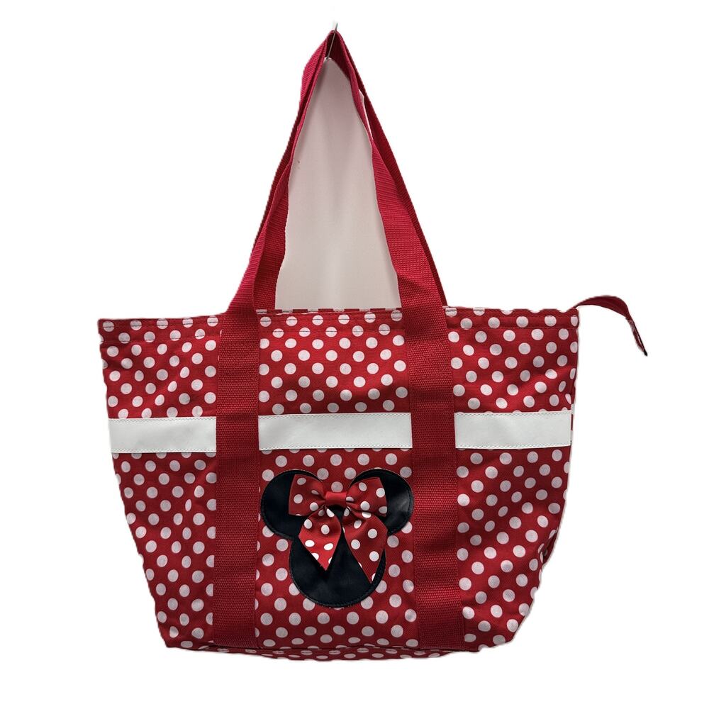 Disney Minnie Mouse Polka Dot Tote Bag Red White Black Nylon Zip Top Handbag